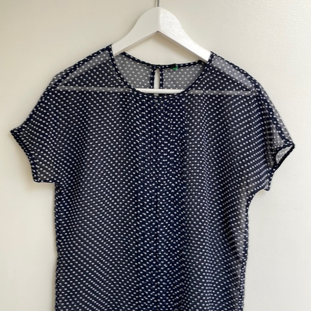 Benetton Navy And White Polka Dot Sheer Top. Size S.